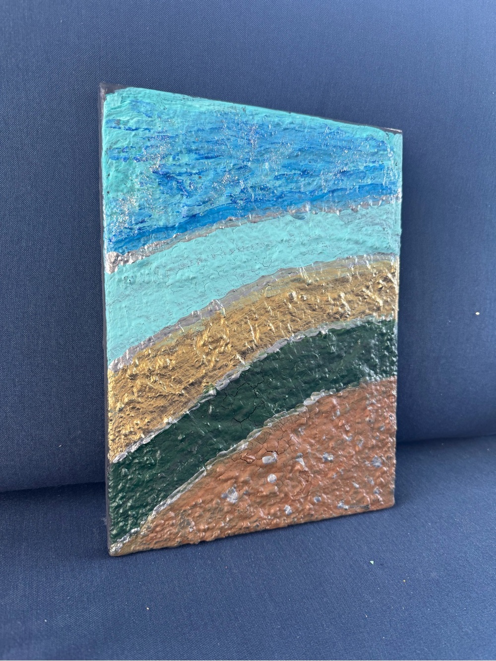 Abstract Layered Texture Wall Art in Blue, Teal, Gold, Green, and Brown